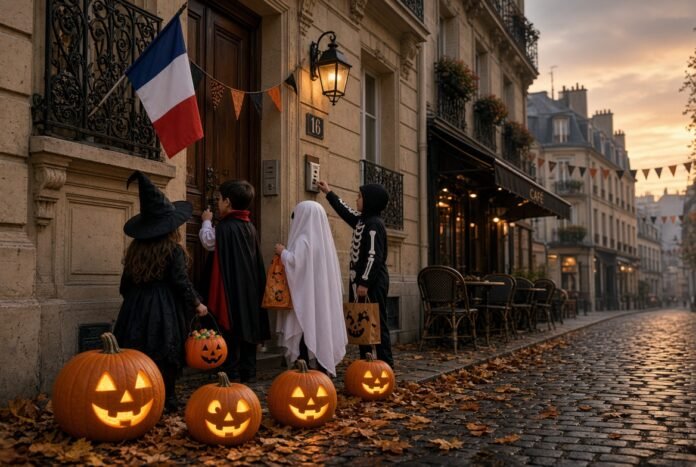 halloween-na-franca-viva-na-franca.jpg Crianças fantasiadas de bruxa, vampiro, fantasma e esqueleto pedindo doces em uma rua parisiense no Halloween, com abóboras iluminadas e bandeira da França