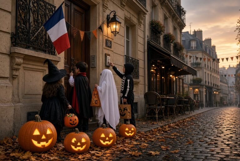 Crianças fantasiadas de bruxa, vampiro, fantasma e esqueleto pedindo doces em uma rua parisiense no Halloween, com abóboras iluminadas e bandeira da França